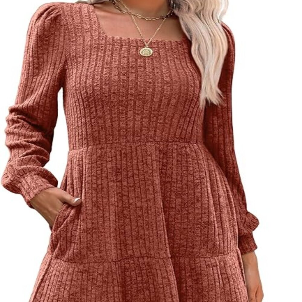 Women Caramel Square Neck Long Sleeve Fall Dresses Casual Babydoll Sweater Dress
